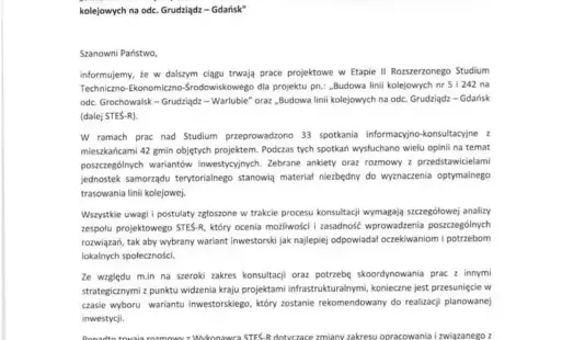 Zdjęcie do Informacja o bieżących działaniach w ramach projektu pn.: &quot;Budowa linii kolejowych nr 5 i 242 na odc. Grochowalska - Grudziądz - Warlubie&quot; oraz &quot; Budowa linii kolejowych na odc. Grudziądz - Gdańsk&quot;