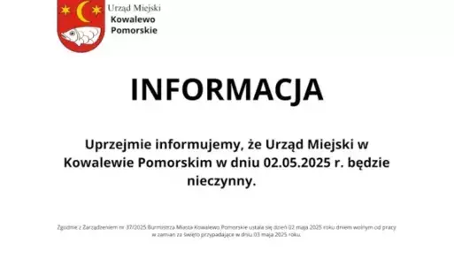 Zdjęcie do 02.05.2025 Urząd Miejski będzie nieczynny!