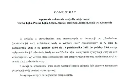 Zdjęcie do Komunikat o przerwie w dostawie wody dla miejscowości Wielka Łąka, Pruska Łąka, Szewa, J&oacute;zefat, część wsi Lipienica, część wsi Chełmonie