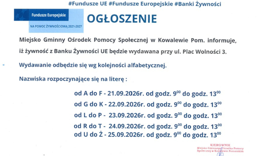Zdjęcie do Ogłoszenie dot. żywności z Banku Żywności UE