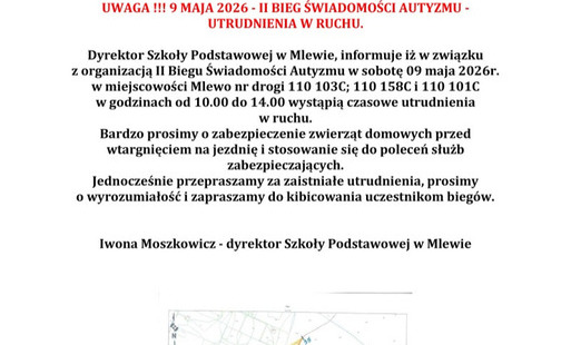 Zdjęcie do 9 maja 2026 - II Bieg Świadomości Autyzmu - utrudnienia w ruchu