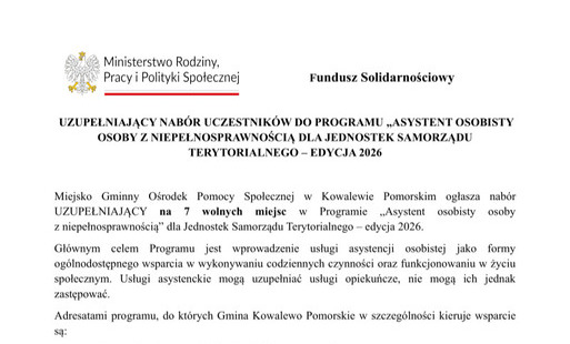 Zdjęcie do Nab&oacute;r uzupełniający do programu &bdquo;Asystent osobisty osoby z niepełnosprawnością&rdquo; dla jednostek samorządu terytorialnego - edycja 2026