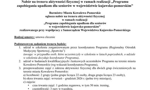 Zdjęcie do Nab&oacute;r na trenera aktywności fizycznej w ramach realizacji &bdquo;Programu zapobiegania upadkom dla senior&oacute;w w wojew&oacute;dztwie kujawsko-pomorskim&rdquo;