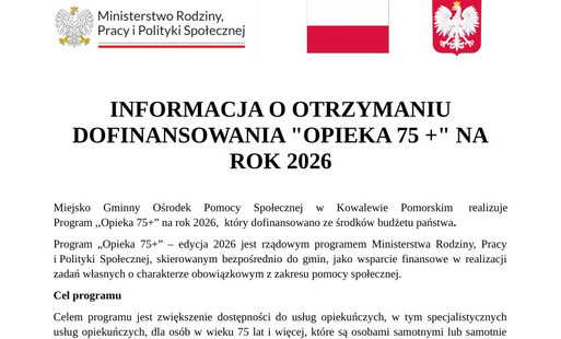 Zdjęcie do Informacja o otrzymaniu dofinansowania &bdquo;Opieka 75+&rdquo; na rok 2026
