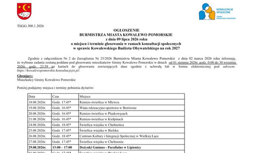 Zdjęcie do OGŁOSZENIE BURMISTRZA MIASTA KOWALEWO POMORSKIE z dnia 09 lipca 2026 roku o miejscu i terminie głosowania w ramach konsultacji społecznych w sprawie Kowalewskiego Budżetu Obywatelskiego na rok 2027