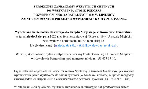 Zdjęcie do ZAPROSZENIE DLA WYSTAWC&Oacute;W STOISK NA DOŻYNKI GMINNO &ndash; PARAFIALNE 2026
