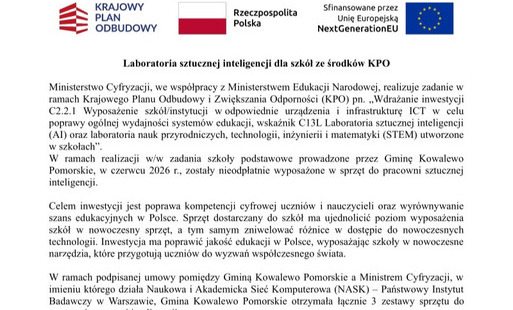 Zdjęcie do Laboratoria sztucznej inteligencji dla szk&oacute;ł ze środk&oacute;w KPO
