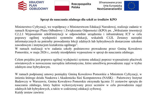 Zdjęcie do Sprzęt do nauczania zdalnego dla szk&oacute;ł ze środk&oacute;w KPO