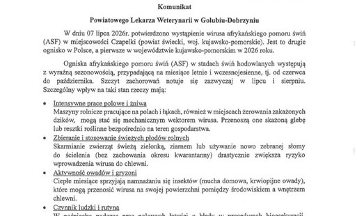 Zdjęcie do Komunikat Powiatowego Lekarza Weterynarii w Golubiu-Dobrzyniu