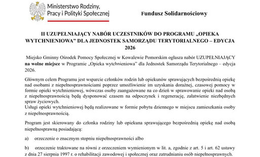 Zdjęcie do II&nbsp;UZUPEŁNIAJĄCY NAB&Oacute;R UCZESTNIK&Oacute;W DO PROGRAMU &bdquo;OPIEKA WYTCHNIENIOWA&rdquo; DLA JEDNOSTEK SAMORZĄDU TERYTORIALNEGO &ndash; EDYCJA 2026