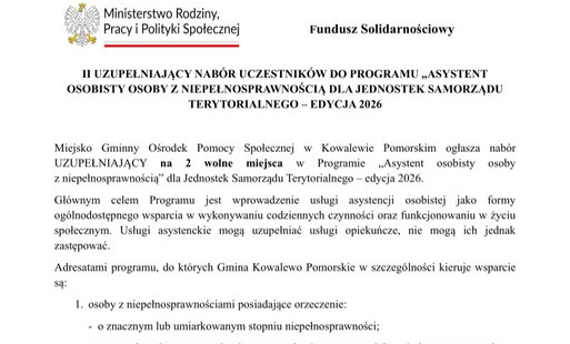 Zdjęcie do II&nbsp;UZUPEŁNIAJĄCY NAB&Oacute;R UCZESTNIK&Oacute;W DO PROGRAMU &bdquo;ASYSTENT OSOBISTY OSOBY Z NIEPEŁNOSPRAWNOŚCIĄ DLA JEDNOSTEK SAMORZĄDU TERYTORIALNEGO &ndash; EDYCJA 2026
