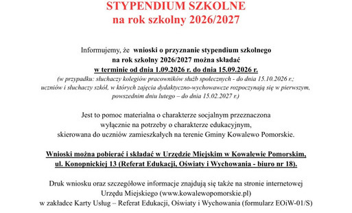 Zdjęcie do Stypendium szkolne na rok szkolny 2026/2027