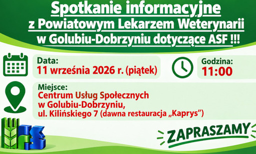 Zdjęcie do Spotkanie informacyjne z Powiatowym Lekarzem Weterynarii w Golubiu-Dobrzyniu dotyczące ASF