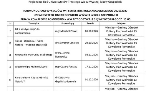 Zdjęcie do Harmonogram wykład&oacute;w - I semestr roku akademickiego 2026/2027